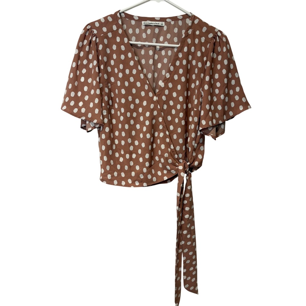 Abercrombie & Fitch Wrap Top Womens S BalletCore Brown Polka Dot Flutter Sleeve